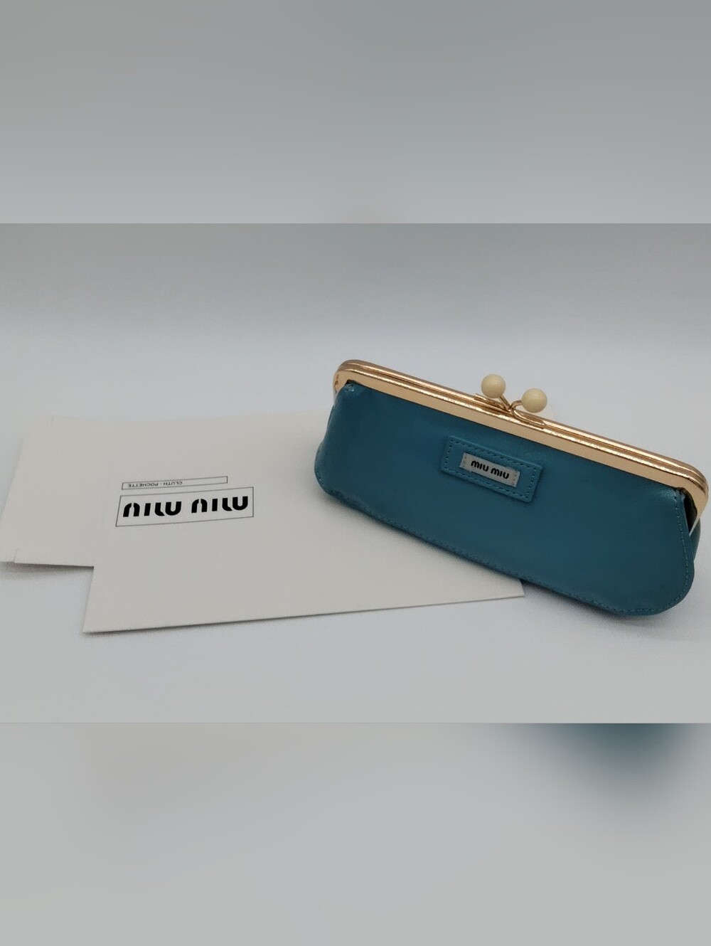 MIU MIU Teal Blue Patent Kiss Lock Cosmetic Pouch Clutch Bag Chain Strap GWP NIB